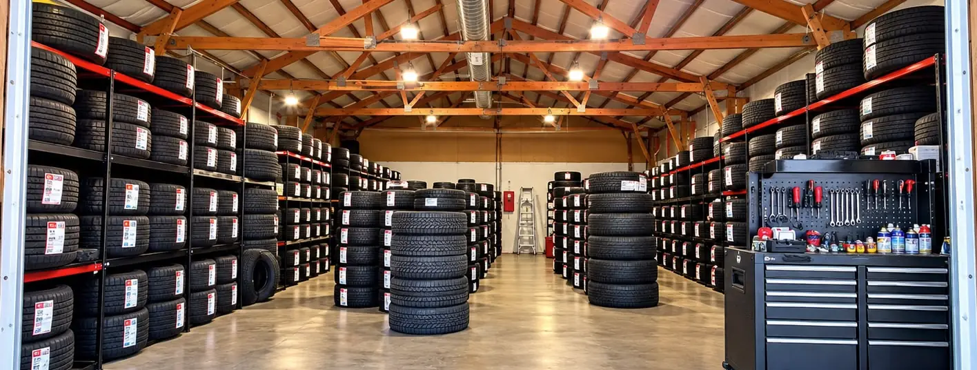 Rows of tires on red racks under timber rafters, with a tool chest by the door