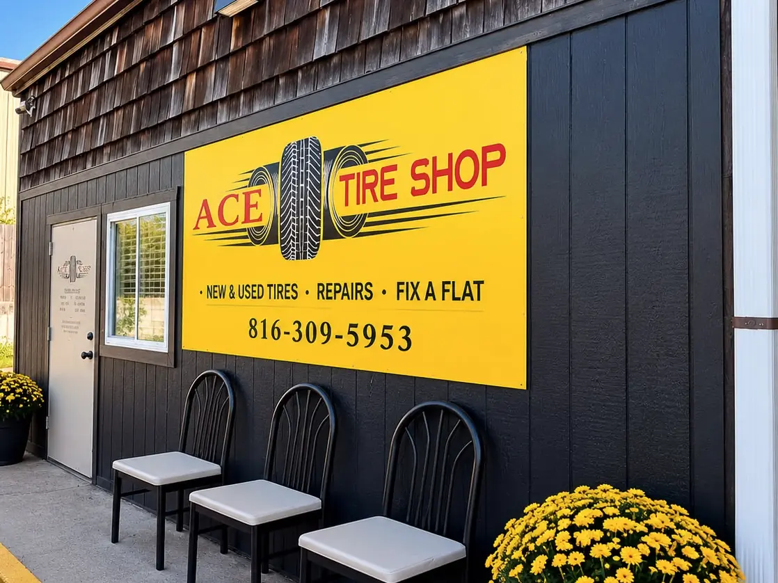 The yellow Ace Tire Shop sign on black siding: new and used tires, repairs, fix a flat, 816-309-5953. Three chairs and yellow flowers sit below it.
