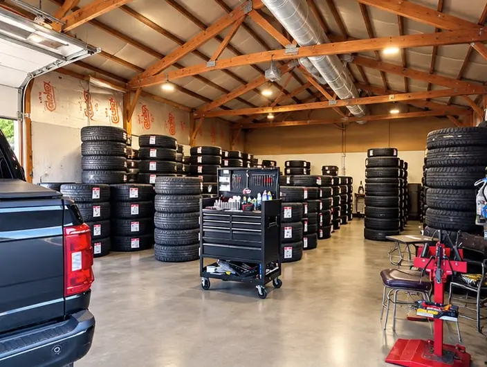 Stacks of tires and a rolling tool cart inside the shop