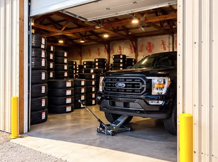 A black pickup on a floor jack at the bay door, with stacks of tires behind it